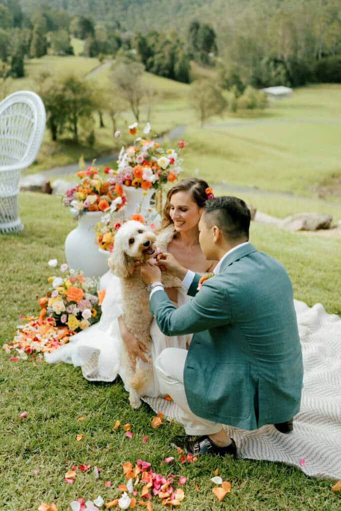 Bride and Groom greet their dog during their wedding as Groom removes the rings from the floral dog collar